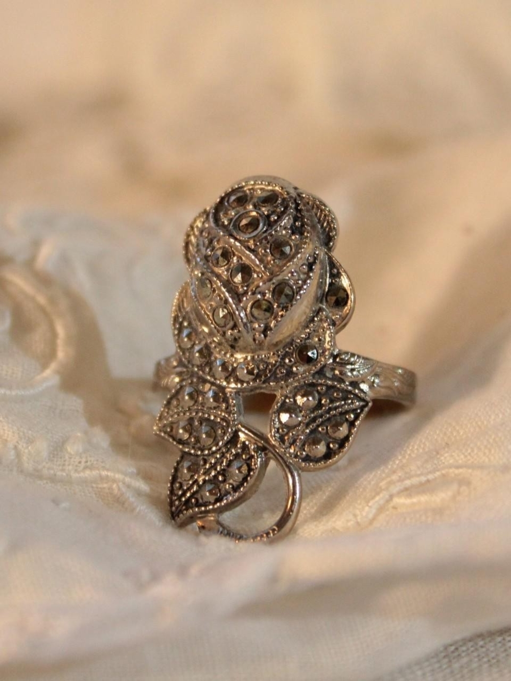 Silver Marcasite Rose Leaf Cocktail Ring - Silver Tone